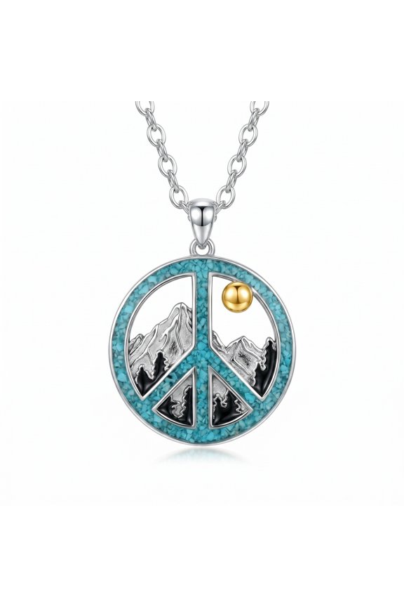Turquoise Necklace 925 Sterling Silver Peace Sign Mountain Pendant Necklace Peaceful Jewelry Gifts for Women