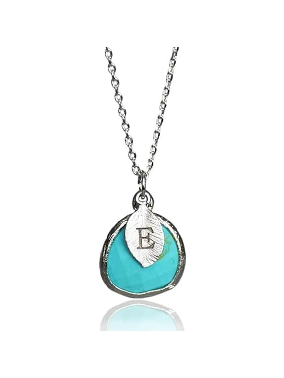 Turquoise Necklace, December Birthstone Necklace, Bridesmaid Necklace, Turquoise Birthstone Necklace, Custom Initial Necklace, Gift for Her - 18" Silver Plated - Leaf Initial Q