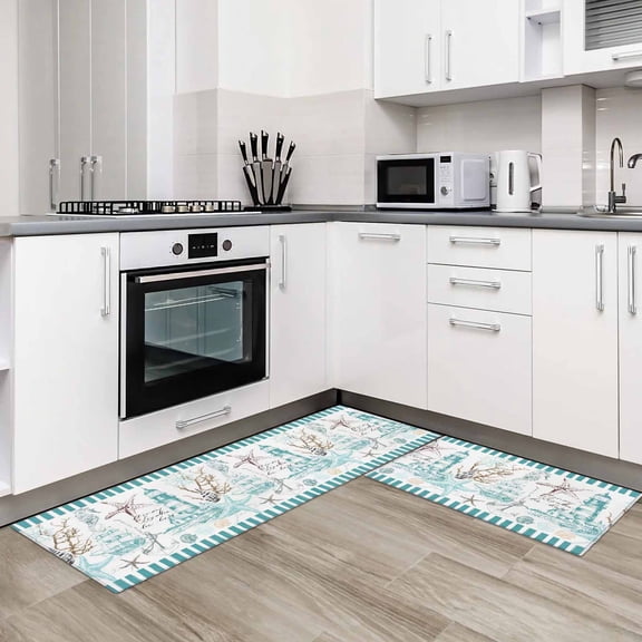 Turquoise Ocean 2 Pieces Non-Slip Kitchen Mat Set Coastal Nautical Lighthouse Starfish Soft Door Mat with Rubber Backing,Dirtproof Rugs for Entrance Doorway 20x24in+20x48in