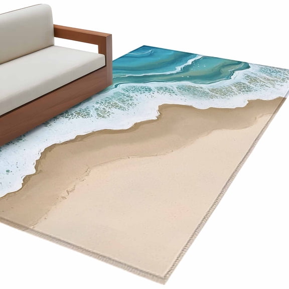 Turquoise Ocean 3'x5' Washable Rug, Gradient Brown Shore Sandy Beach Abstract Non-Slip Area Rugs for Entryway Kitchen Classroom, Dorm Throw Carpet, Low Pile Soft Indoor Floor Mat