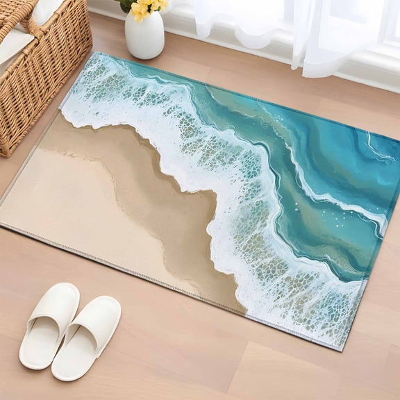 Turquoise Ocean Bathroom Rug Washable 2x3 Entryway Rug Non Slip Gradient Brown Shore Sandy Beach Abstract Front Door Mat Low Pile Indoor Doormat Throw Floor Carpet for Kitchen Bedroom Entrance