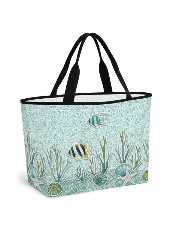 Turquoise Ocean Beach Bag for Women, Large Breathable Mesh Beach Tote Bag, Teal Green Sea Coastal Coral Starfish Shell Sandproof Lightweight Travel Bags for Vacation Picnic Swimming Pool