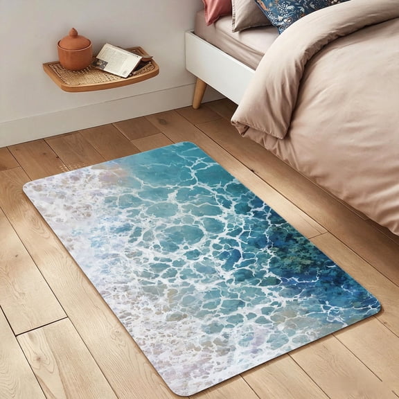 Turquoise Ocean Beach Wave Flannel Bath Mat 24"x36", Non Slip Absorbent Decorative Floor Rug, Clear Sea Water Foam Surf Indoor Doormat, Machine Washable Coastal Bedroom Bathroom Area Mat