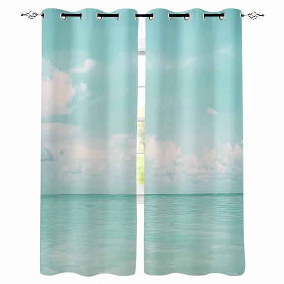 Turquoise Ocean Blackout Curtains for Bedroom/Living Room, Thermal Insulated Kitchen Curtains, Summer Beach Coastal Horizon Scenery Grommet Darkening Window Treatment Drapes 52"x84"x2