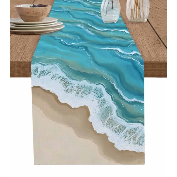 Turquoise Ocean Burlap Cotton Table Runner 13x36 Inches Short, Gradient Brown Shore Sandy Beach Abstract Farmhouse Table Runners, Outdoor Dining Tablecloths Decor for Baby Shower/Party/Wedding