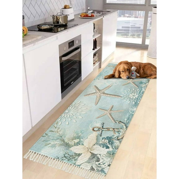 Turquoise Ocean Coastal Entryway Runner Rug 2x4ft,Summer Beach Nautical Coral Starfish Washable Woven Living Room Hallway Bedroom Kitchen Carpet with Tassels,Indoor Outdoor Door Mat for Entryway