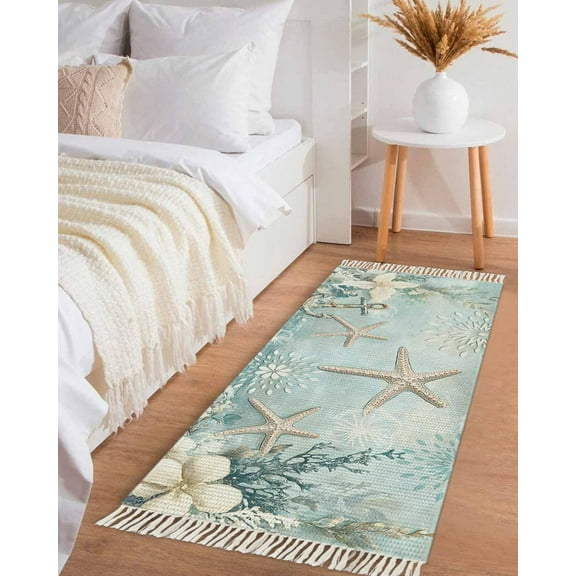 Turquoise Ocean Coastal Hallway Runner Rug 2x6ft,Summer Beach Nautical Coral Starfish Washable Woven Living Room Bedroom Kitchen Bathrom Carpet with Tassels,Indoor Outdoor Throw Door Mat for Entryway