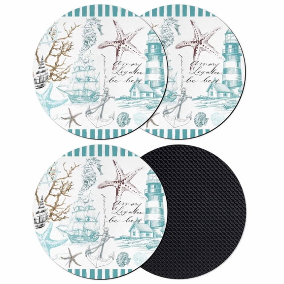 Turquoise Ocean Coasters Set of 4, Absorbent Coasters for Drinks, Coastal Nautical Lighthouse Starfish Coaster for Desk Coffee Table Protection, Home Decor House Warming Gifts 4"