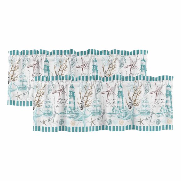 Turquoise Ocean Curtain Valances for Windows, Kitchen Valance Window Treatments Panel 2 Pack, Coastal Nautical Lighthouse Starfish Rod Pocket Short Curtains for Bathroom Bedroom 42 x 12 Inch