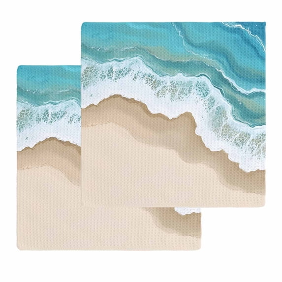 Turquoise Ocean Kitchen Dish Towels for Drying Dishes Set of 2, Gradient Brown Shore Sandy Beach Abstract Waffle Weave Microfiber Hand Tea Bathroom Towels Quick Dry & Absorbent Towel 12x12
