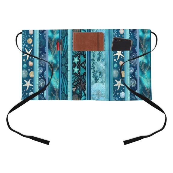 Turquoise Ocean Kitchen Restaurant Half Waist Apron, Blue Stripes Starfish Coral Seaweed Luxury Server Short Apron with 3 Pockets Waterproof Oil Waist Aprons for Women Waitress Waiter