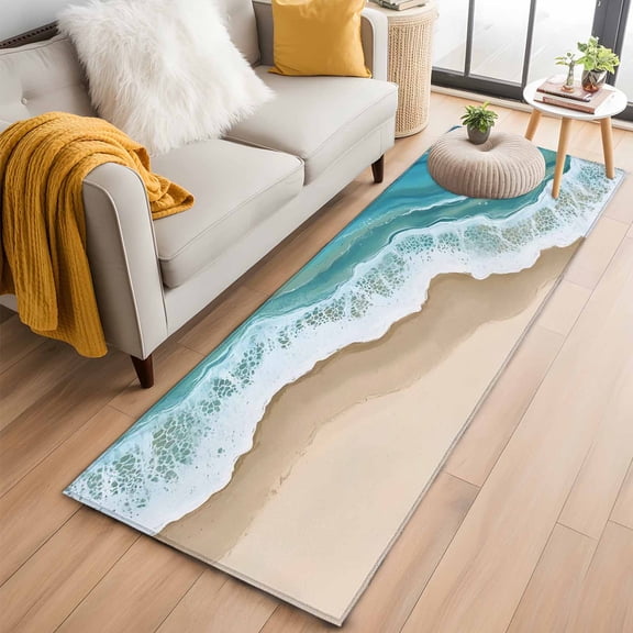Turquoise Ocean Kitchen Runner Rug 2x6 Washable Runners for Hallway Non Slip Gradient Brown Shore Sandy Beach Abstract Large Area Rug Indoor Floor Carpet for Bathroom Laundry Entryway Bedroom