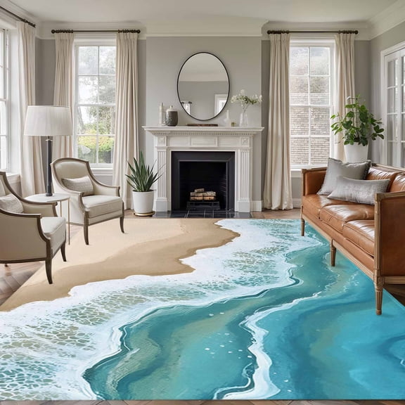 Turquoise Ocean Large Area Rug 8x10 FT, Non Slip Living Room Throw Carpet, Gradient Brown Shore Sandy Beach Abstract Washable Soft Indoor Outdoor Carpet Non-Shedding Rug for Bedroom Dining Room