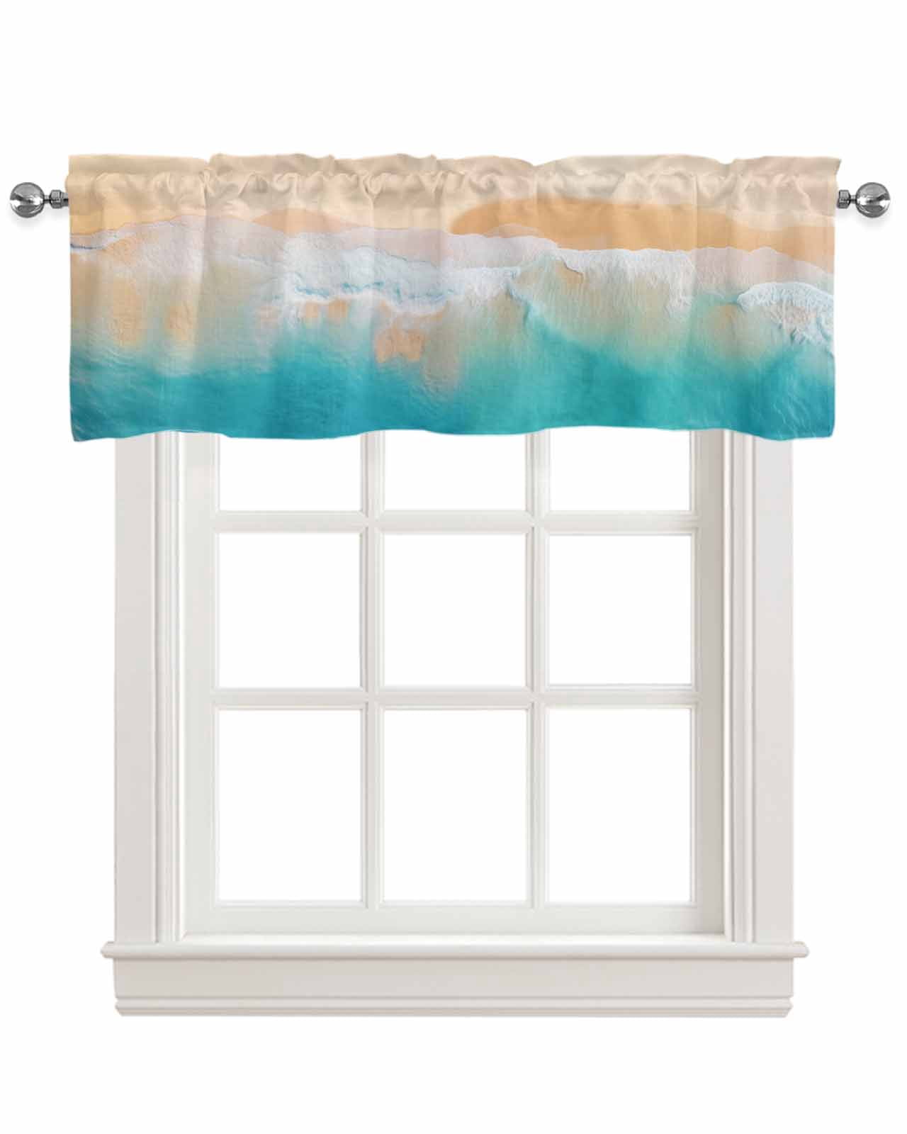 Turquoise Ocean Linen Curtain Valance for Bedroom/Bathroom/Kitchen/Office/Living/Dining Room Windows,Nautical Coastal Seaside Wave Smear Art Pocket Topper Drapes Decorative Cafe Drapery Panel 54x18