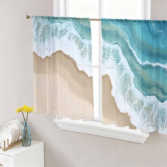 Turquoise Ocean Semi Sheer Window Curtains 45 Inches Long, Gradient Brown Shore Sandy Beach Abstract Rod Pocket Voile Silky Chiffon Curtain Light Filtering Drapes for Living Room, 52"x45", 2 Panels