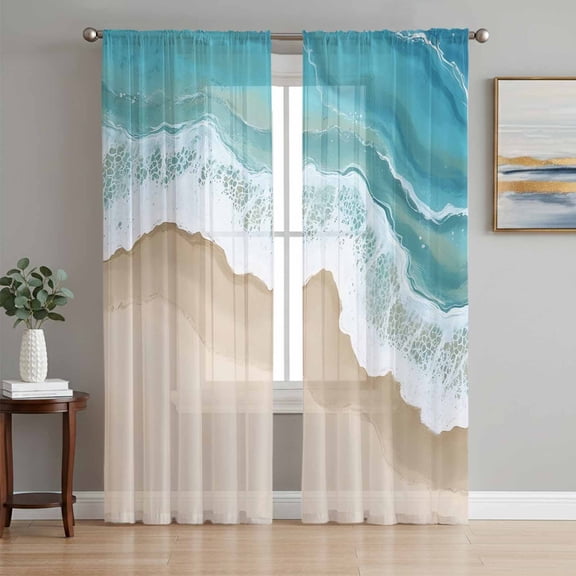 Turquoise Ocean Sheer Curtains 72 Inch Length 2 Panels Set, Gradient Brown Shore Sandy Beach Abstract Voile Window Treatment Curtains Sheers Drapes for Bedroom/Living Room/Kitchen 52"x72"x2