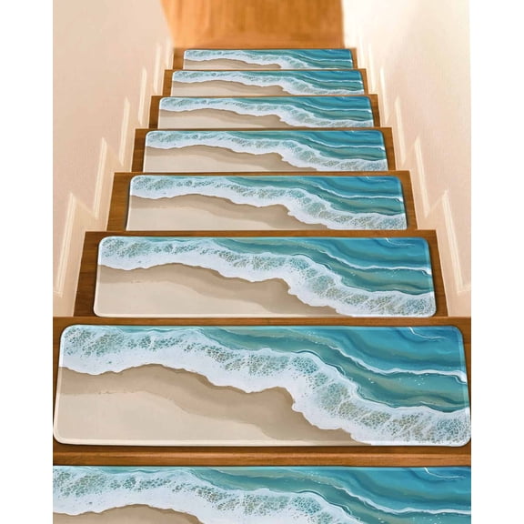 Turquoise Ocean Stair Treads for Wooden Steps Indoor Runner Rug Carpet, Gradient Brown Shore Sandy Beach Abstract 4 Pieces Peel and Stick Staircase Step Treads Covers Washable Throw Door Mats, 30"x8"