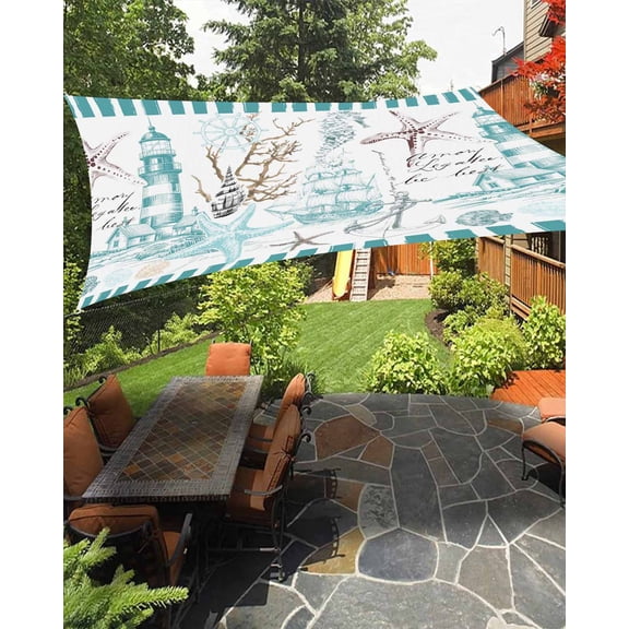 Turquoise Ocean Sun Sail Shades Rectangle Canopy,Sunlight Block Heavy Duty Curved Backyard Shade Cover,Coastal Nautical Lighthouse Starfish Waterproof Sun Shades for Patios Garden Pergola 6.5'x10'