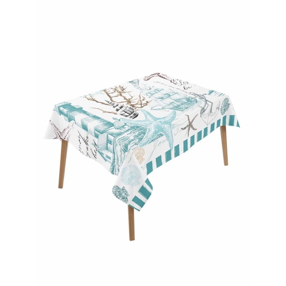 Turquoise Ocean Table Cloth, Waterproof Tablecloth for Rectangle Tables, Coastal Nautical Lighthouse Starfish Reusable Washable Fabric Table Cover for Restaurant Kitchen Dining Tables 52"x70"