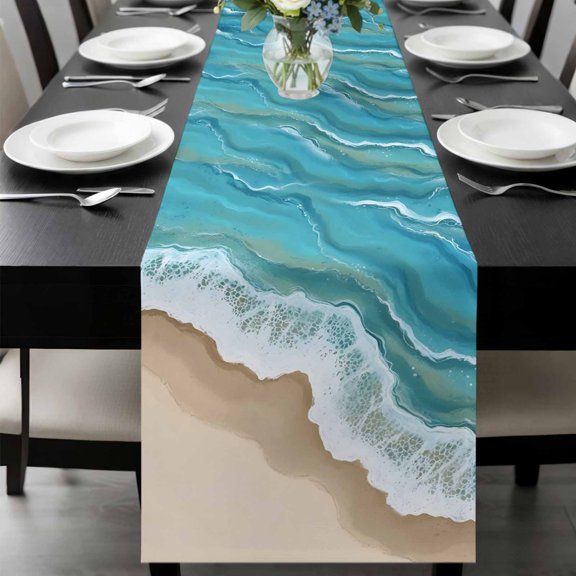 Turquoise Ocean Table Runner 36 Inches Long, Gradient Brown Shore Sandy Beach Abstract Kitchen Coffee Dining Table Decoration for Home Party Birthday Wedding Home Decor 13x36 Inches