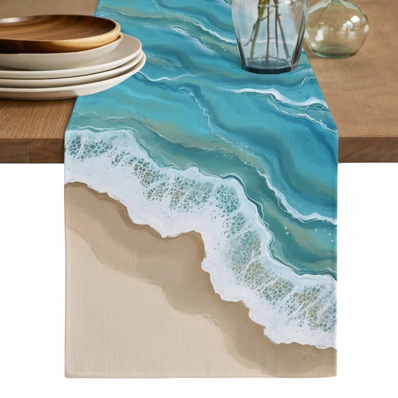 Turquoise Ocean Table Runner, Gradient Brown Shore Sandy Beach Abstract Washable Cotton Linen Table Runners 36 Inches Long, Dresser Scarf Runner for Nightstand/End Tables/Round Tables 13''x36''