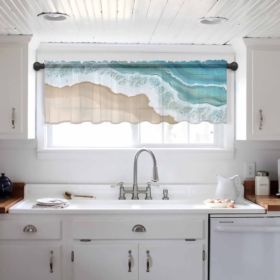 Turquoise Ocean Valance Curtains for Kitchen/Living Room/Bathroom/Bedroom Window, Gradient Brown Shore Sandy Beach Abstract Rod Pocket Small Topper Half Short Window Curtains Sheer Scarf 42"x12"