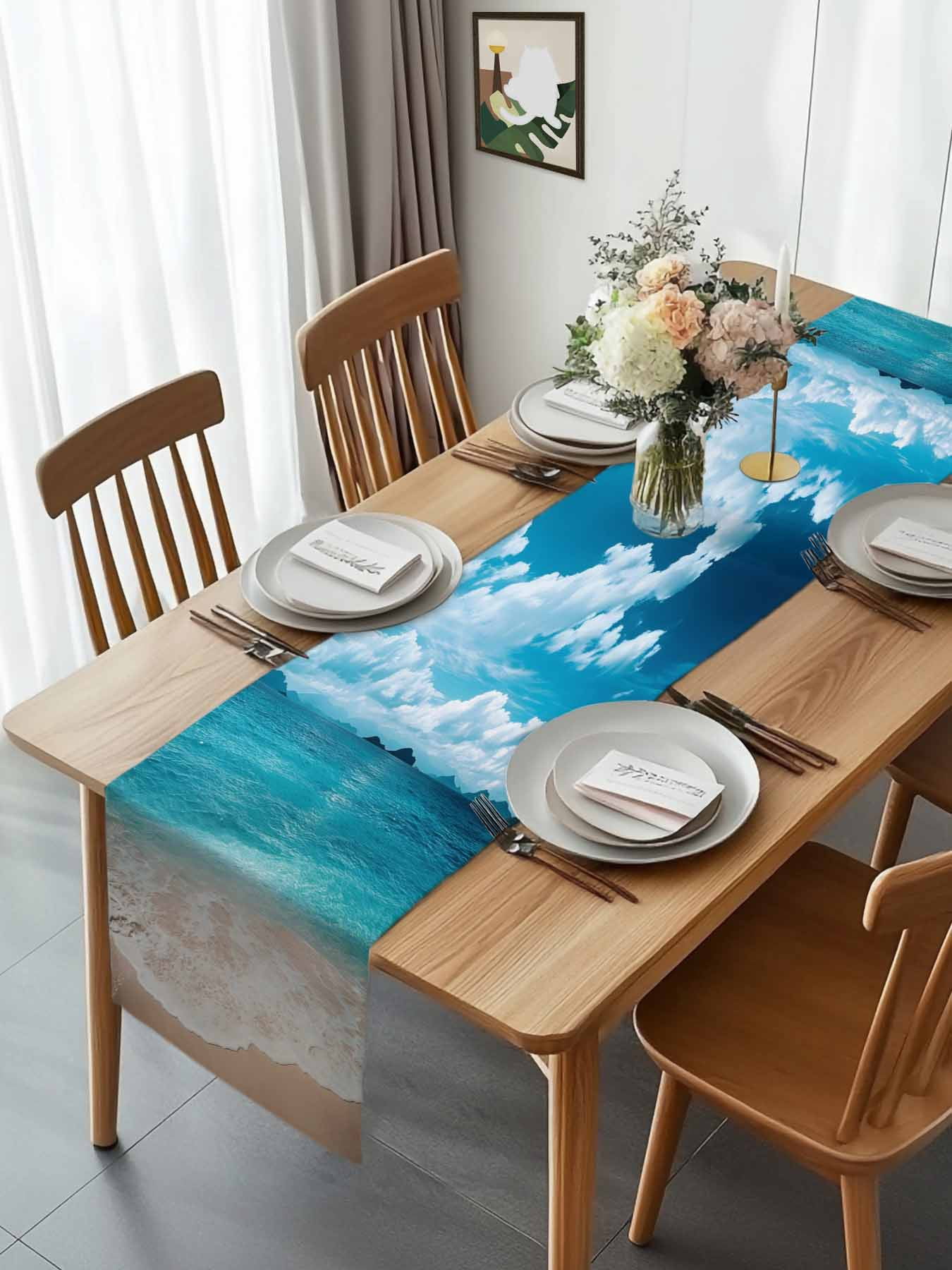 Turquoise Ocean Watercolor Beach Table Runner 90 Inches Long, Summer Seaside Blue Sky Table Runners Tabletop Scarf Kitchen Dining Tables Decoration for Home Party Indoor Outdoor
