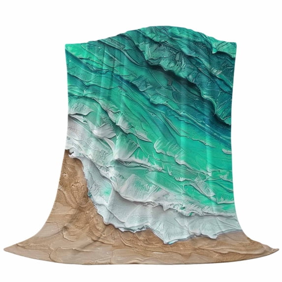 Ocean View Textured Turquoise Ocean Wave Beach Throw Blanket Gradient Texture Flannel Cozy ...
