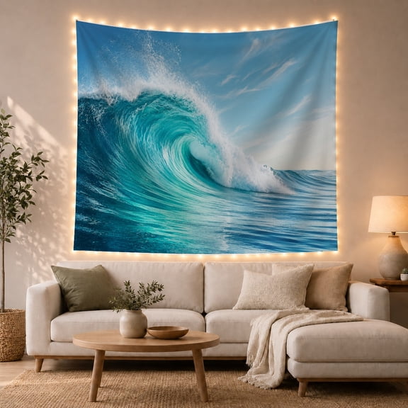 Turquoise Ocean Wave Crashing Under Blue Sky, Dramatic Coastal Art for Ocean Lovers, Beach Wall Decor, Housewarming Gift, Tapestry Wall Hanging for Bedroom and Living Room