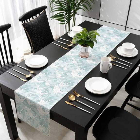 Turquoise Ocean Waves Cotton Linen Table Runner 18 x 72 inch Moire Seaside Abstract Art Non-slip Rectangular Dining Table Decor for Wedding Party Holiday Dinner
