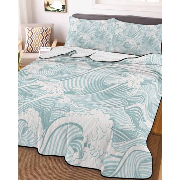 Turquoise Ocean Waves King Size Down Alternative Comforter, Lightweight Comforter Quilt Bedding Set with Pillow Shams Moire Seaside Abstract Art All Seasons Bed Comforter Duvet Insert 96"x106"