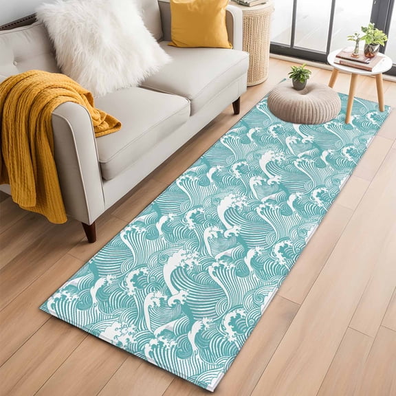 Turquoise Ocean Waves Kitchen Runner Rug 2x6 Washable Runners for Hallway Non Slip Abstract Art Moire Seaside Large Area Rug Indoor Floor Carpet for Bathroom Laundry Entryway Bedroom Living Room