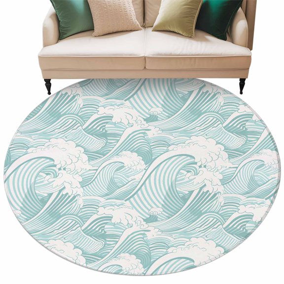 Turquoise Ocean Waves Large Area Rugs for Bedroom Living Room, Soft Non Slip Carpet Bedside Rug, Moire Seaside Abstract Art Round Floor Cover Kitchen Accent Rug 8' for Dining Room/Office