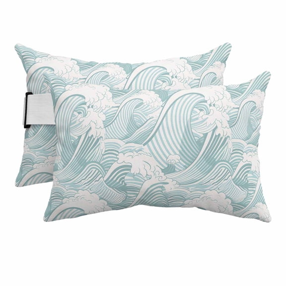 Turquoise Ocean Waves Outdoor Pillows for Chaise Lounge Chair Beach Headrest Pillow Set of 2 Waterproof Lumbar Pillows with Insert&Strap Moire Seaside Abstract Art Pillow for Patio Pool 12"x20"