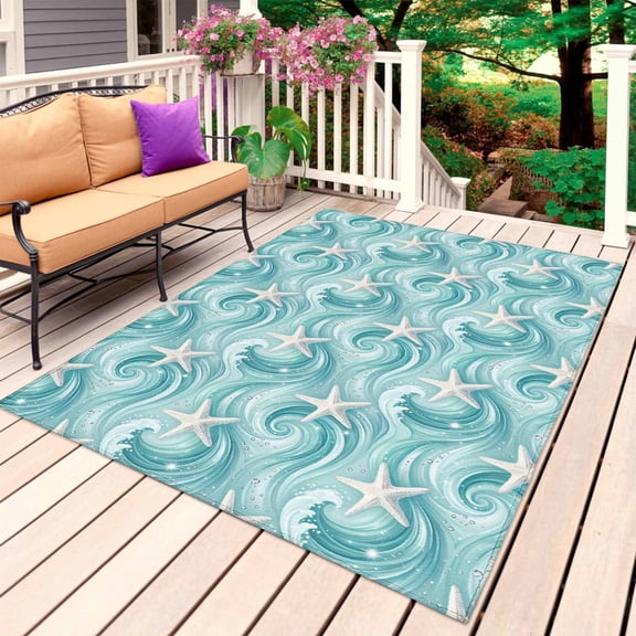 Turquoise Ocean Waves Outdoor Rug 5x8 Ft, Non Slip Washable Area Rug, Summer Beach Coastal Starfish Patio Rugs Carpet Runner, Large Floor Mat for Indoor/Outdoor Deck Porch Camping