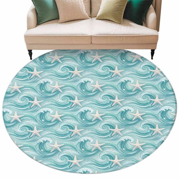 Turquoise Ocean Waves Round Rug 7ft Washable Circle Rugs Non Slip Summer Beach Coastal Starfish Large Area Rug Indoor Floor Carpet for Bedroom Kitchen Living Room Home Office Dining Room Nursery