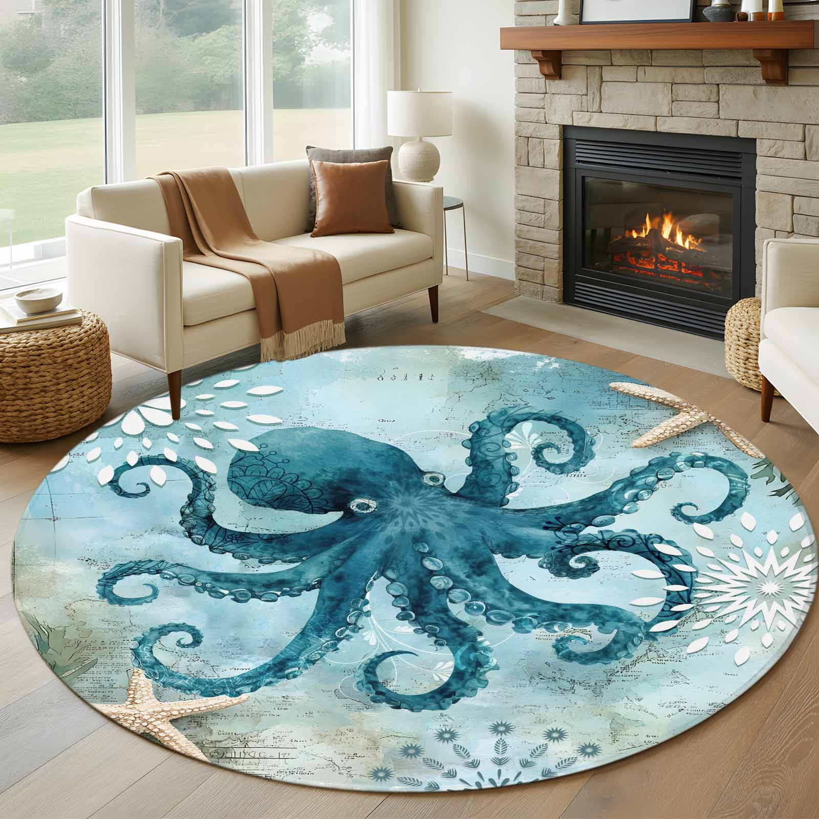 Turquoise Octopus 6FT Round Area Rugs for Living Room Ocean Marine Life ...