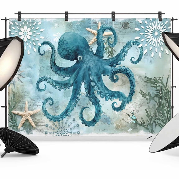 Turquoise Octopus Backdrop for Photography, Ocean Marine Life Nautical Sea Theme Photo Backdrop Portrait Background Party Banner Photo Backgrounds for Studio Booth Props, 7x5ft
