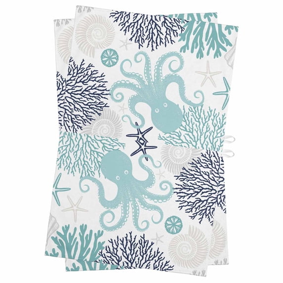 Turquoise Octopus Coastal Kitchen Towels Set of 2, Water Absorbent Dish Towel, Nautical Coral Starfish Decorative Hand Towels - Quick Drying Cloth for Cooking Baking, 18x28 Inch