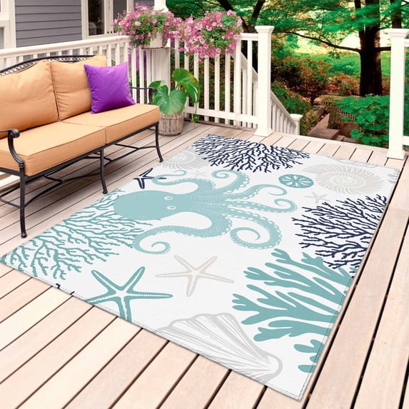 Turquoise Octopus Coastal Outdoor Rug 6x9 Ft, Non Slip Washable Area Rug, Nautical Coral Starfish Patio Rugs Carpet Runner, Large Floor Mat for Indoor/Outdoor Deck Porch Camping