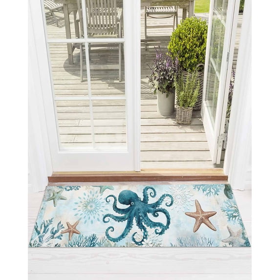 Turquoise Octopus Front Door Mat Nautical Retro Ocean Starfish Coral Welcome Doormat Indoor Outdoor Entrance Floor Mat Non-Slip Washable Runner Rug for Front Porch Decor 18x60 Inch