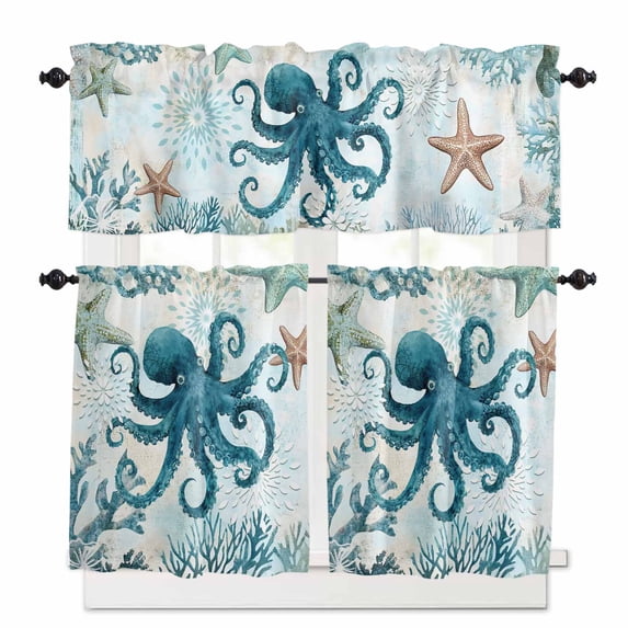 Turquoise Octopus Kitchen Curtains and Valances Set, Nautical Retro Ocean Starfish Coral Rod Pocket Window Valance 18 Inch Window Curtain Panels for Living Room Bedroom Laundry, 27.5x24in, 3 Pieces
