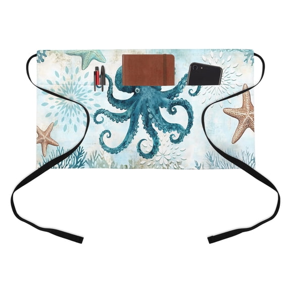 Turquoise Octopus Kitchen Restaurant Half Waist Apron, Nautical Retro Ocean Starfish Coral Server Short Apron with 3 Pockets Waterproof Oil Waist Aprons for Women Waitress Waiter