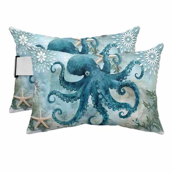 Turquoise Octopus Outdoor Chaise Lounge Pillows Ocean Marine Life Nautical Sea Theme Lumbar Pillows with Insert Adjustable Elastic Strap Headrest Pillow for Recliner Patio Chair 2 Pack 11x16 Inch