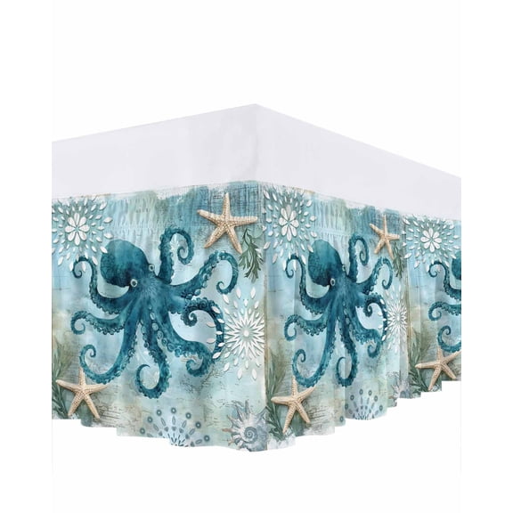 Turquoise Octopus Ruffle Bed Skirt King Size Ocean Marine Life Nautical Sea Theme Adjustable Elastic Dust Bed Skirts Wrap Around Bedskirt Wrinkle Free Easy Fit with 16 Inch Drop