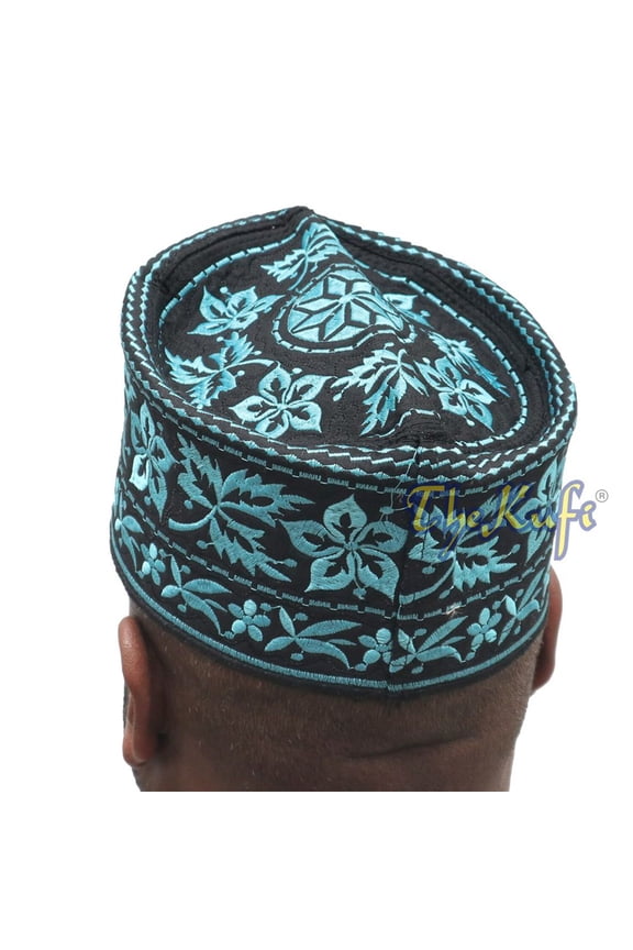 Turquoise Omani African Yemeni Embroidered Leaf Flower Design Muslim Kufi Hat
