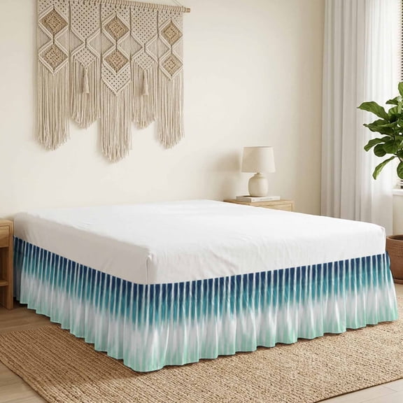 Turquoise Ombre Bed Skirt Bed Skirts Queen Size 16 Inch Drop, Modern Abstract Teal Blue Linear Drips Coastal Wrap Around Dust Ruffle Bedskirt with Adjustable Elastic Belt for Queen Size Beds
