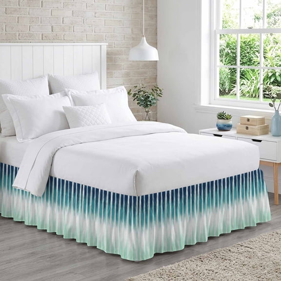 Turquoise Ombre Bed Skirt California King Size 16 Inch Drop, Modern Abstract Teal Blue Linear Drips Coastal Adjustable Elastic Dust Ruffles Bedskirt Wrap Around Pleated Mattress Frame Cover