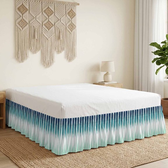 Turquoise Ombre Bed Skirt California King Size 18 Inch Drop, Modern Abstract Teal Blue Linear Drips Coastal Wrap Around Dust Ruffle Bedskirt with Adjustable Elastic Belt for California King Size Beds