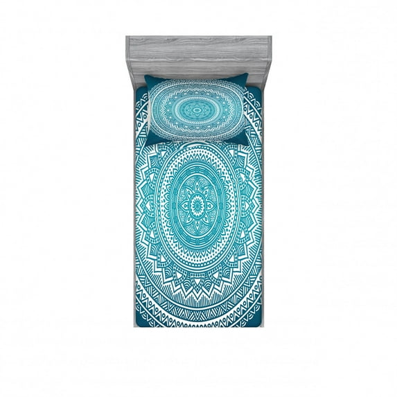 Turquoise Ombre Bedding Set with Sheet & Covers, Mandala Medallion Starry Design with Flower in Middle Art, Printed Bedroom Decor 2 Shams, 4 Sizes, Dark Turquoise, by Ambesonne
